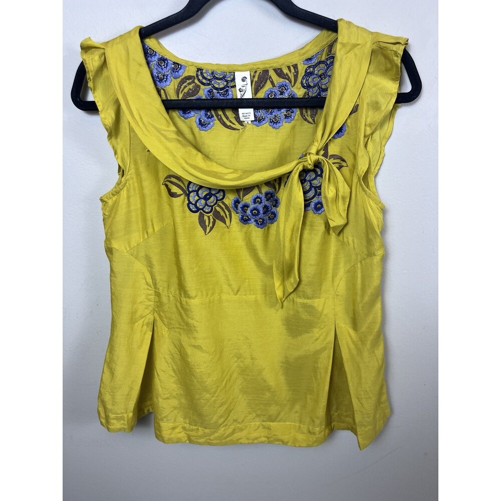 Floreat Women’s Size 6 Yellow Embroidered Floral Top Anthropology Light Linen